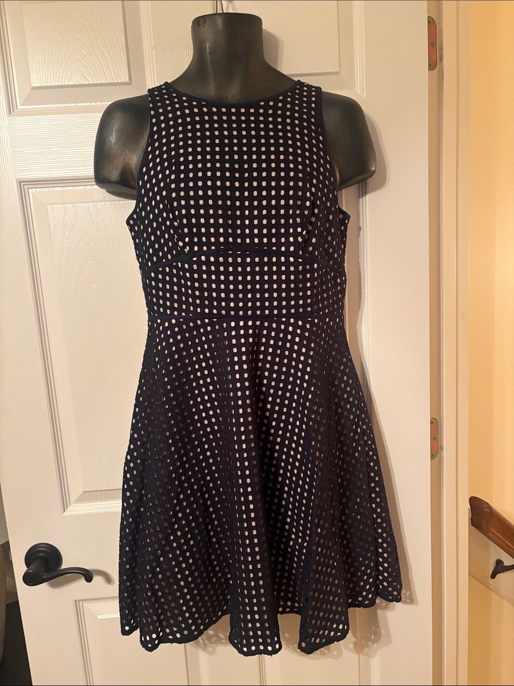 LOFT Navy Fit-and-Flare Polka Dot Dress